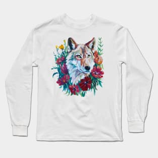 Wolf painting floral wreath, nature lover design Long Sleeve T-Shirt